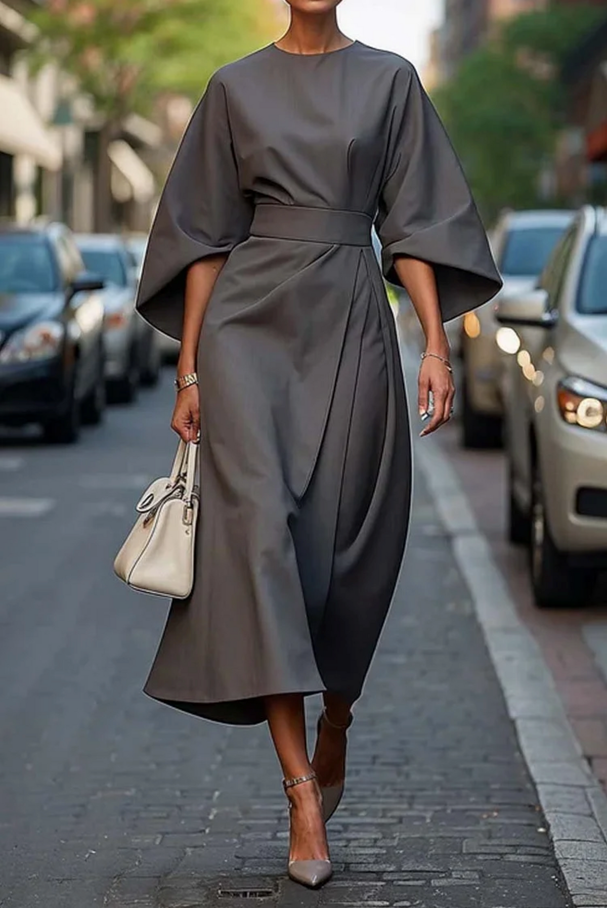 Women's Kimono Sleeve Belted Midi Dress