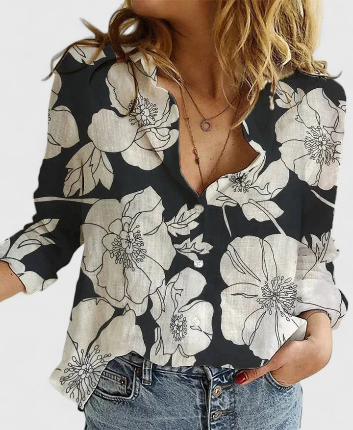 Women's Linen Blouse with V-Neck and Button Closure