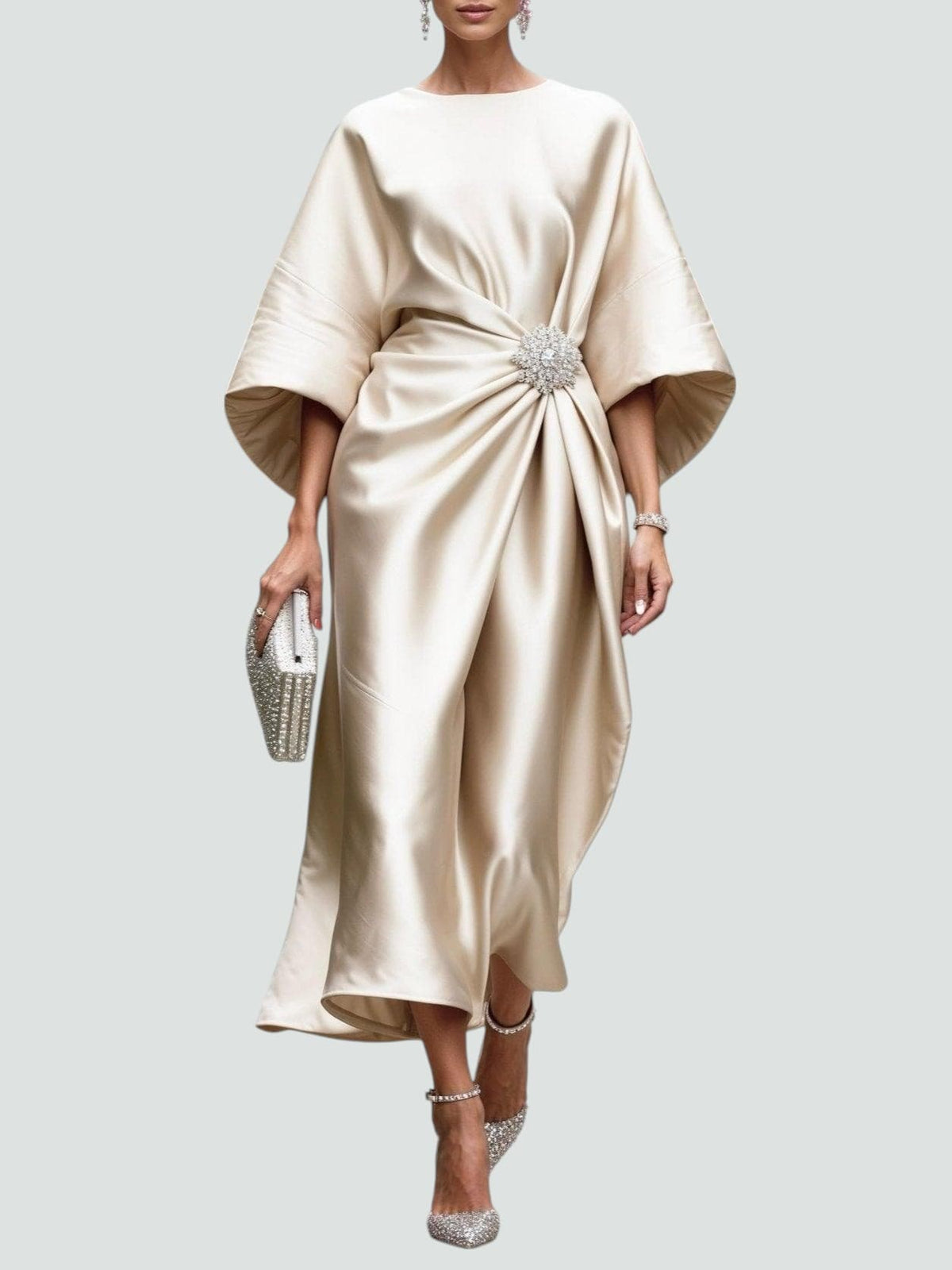 Women's Elegant Maxi Dress with Draped Brooch