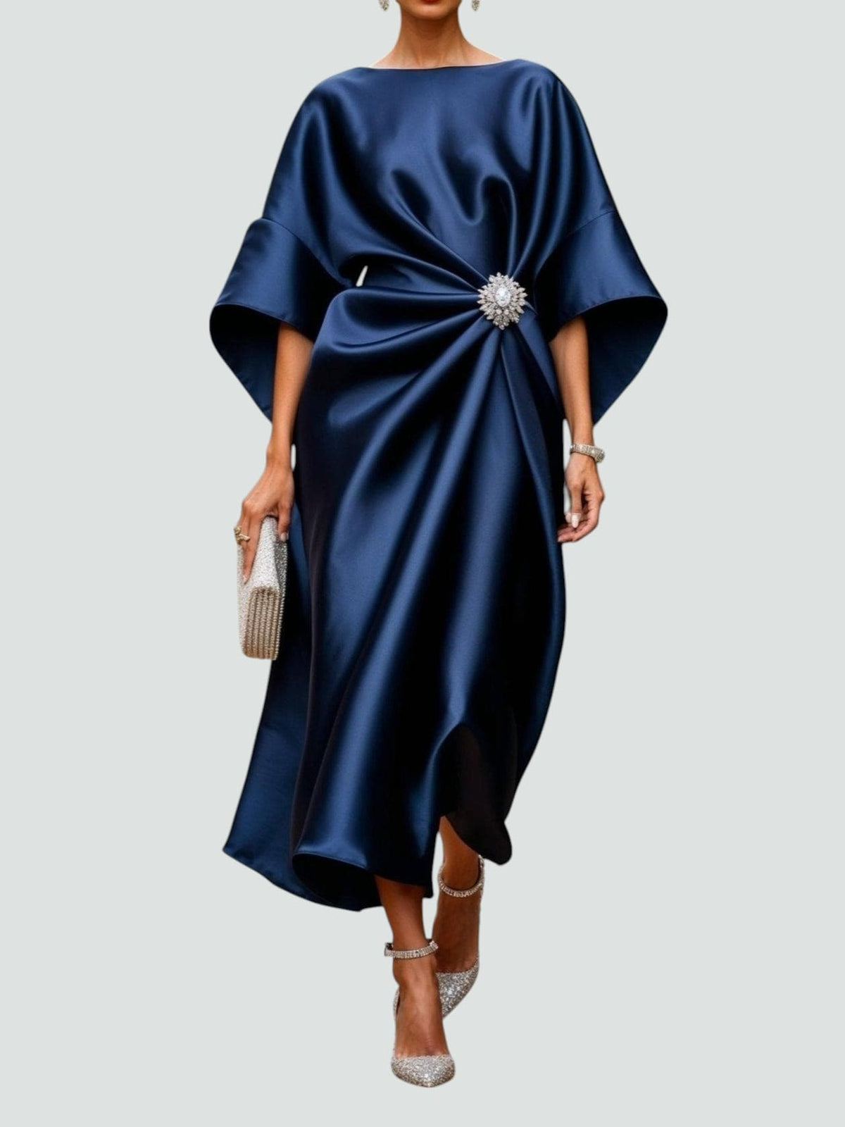 Women's Elegant Maxi Dress with Draped Brooch