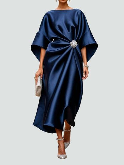 Women's Elegant Maxi Dress with Draped Brooch