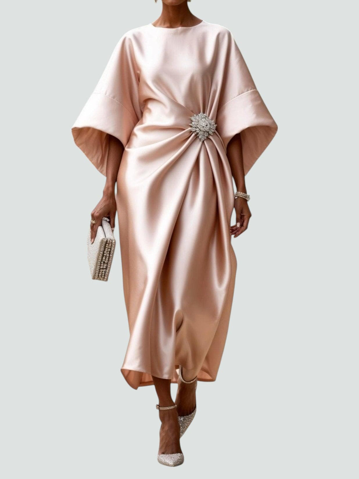 Women's Elegant Maxi Dress with Draped Brooch