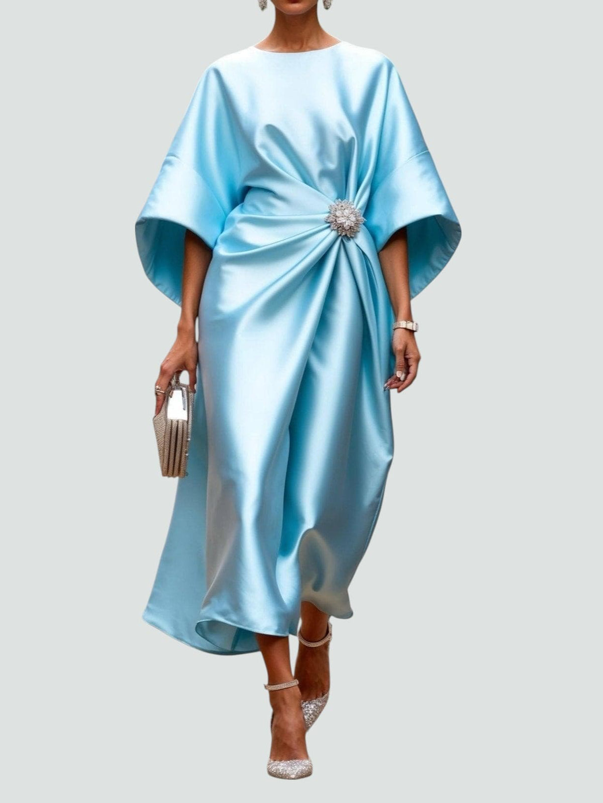 Women's Elegant Maxi Dress with Draped Brooch