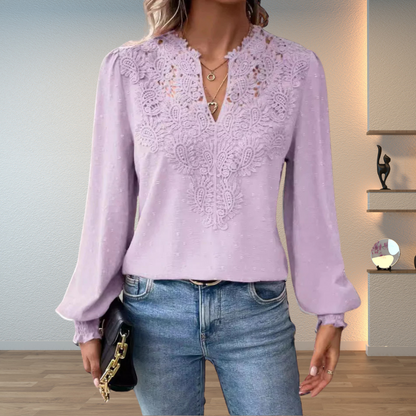 Women's Blouse with V-Neck, Long Sleeves, and Floral Detail