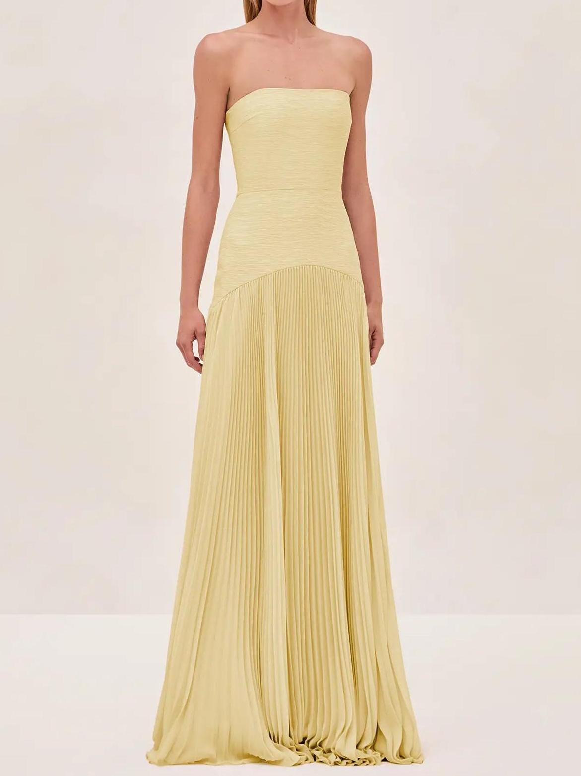 Women's Strapless Pleated Maxi Dress for Wedding Guests