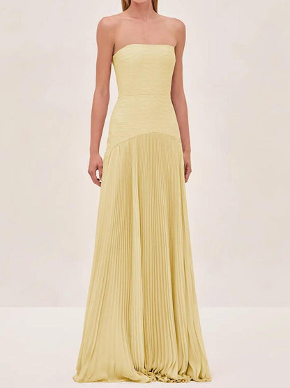 Women's Strapless Pleated Maxi Dress for Wedding Guests