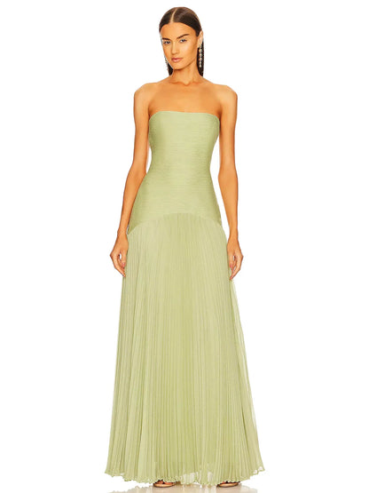 Women's Strapless Pleated Maxi Dress for Wedding Guests