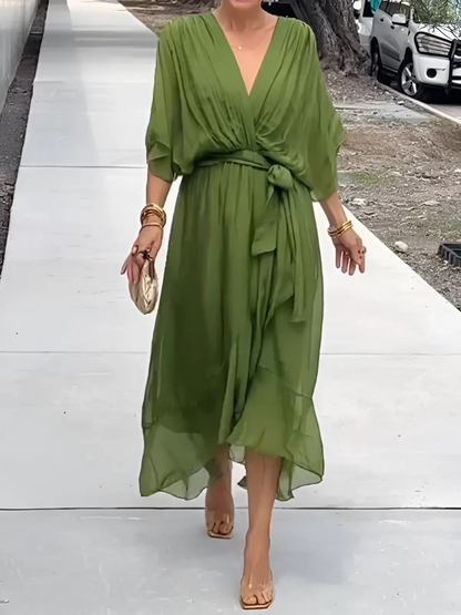 Women's Midi Dress with Bow Belt and Butterfly Sleeves