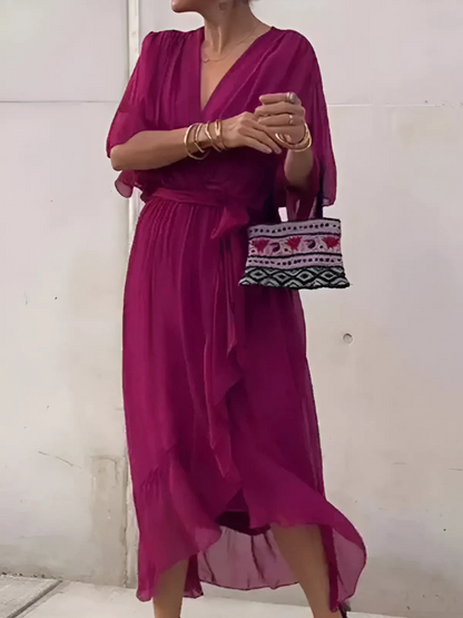 Women's Midi Dress with Bow Belt and Butterfly Sleeves