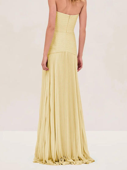 Women's Strapless Pleated Maxi Dress for Wedding Guests