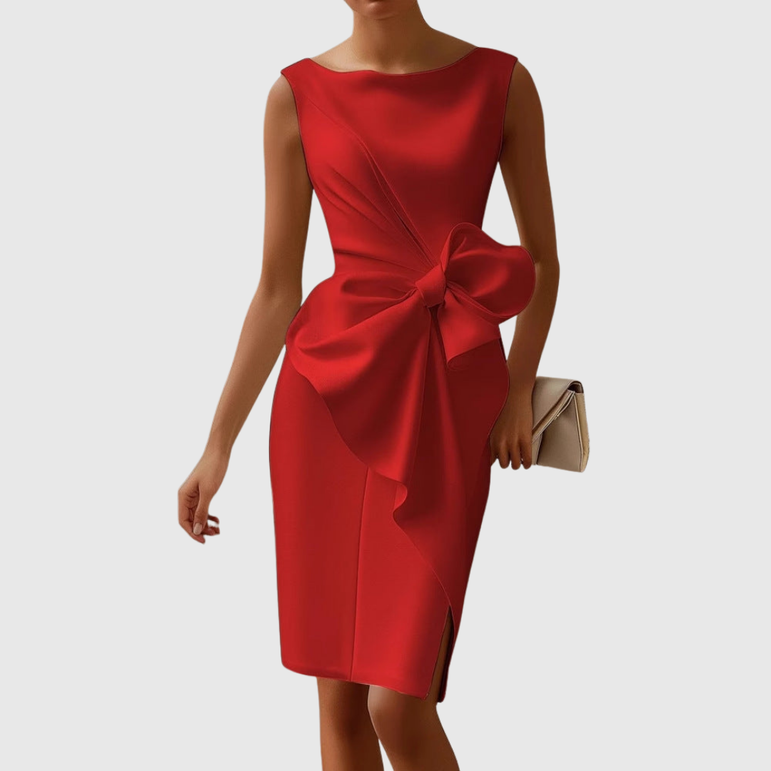 Ladies Elegant Midi Dress with Bow Detail