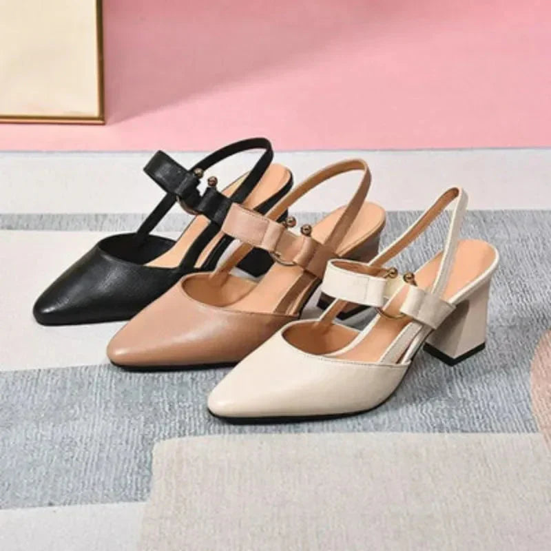 Women's Slingback Mary Jane Heels with Block Heel and Pointed Toe