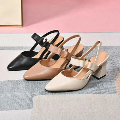 Women's Slingback Mary Jane Heels with Block Heel and Pointed Toe