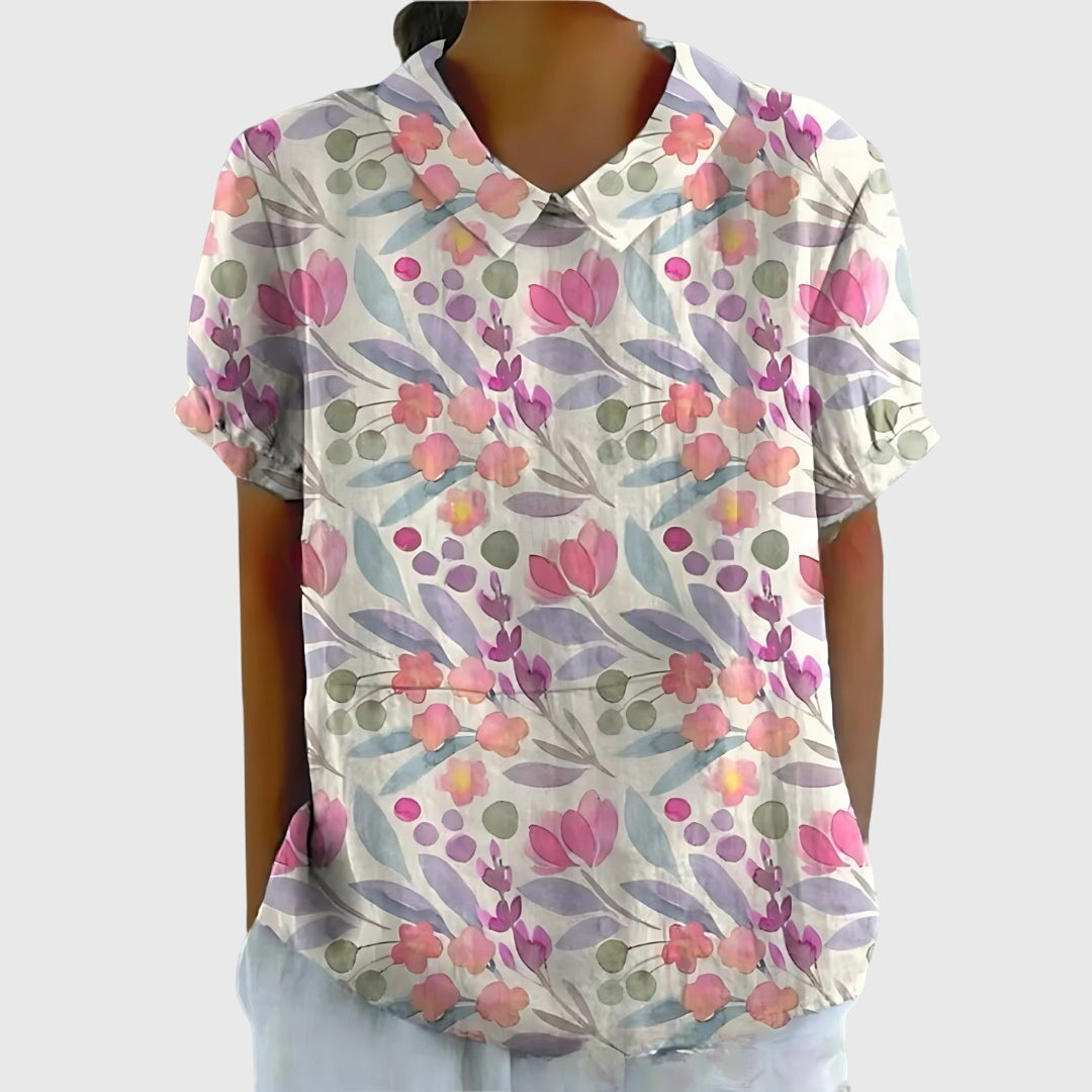 Women's Blouse with Floral Collar and Short Sleeves