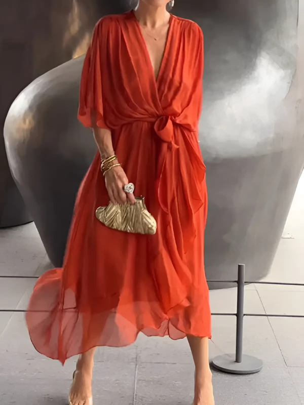 Women's Midi Dress with Bow Belt and Butterfly Sleeves