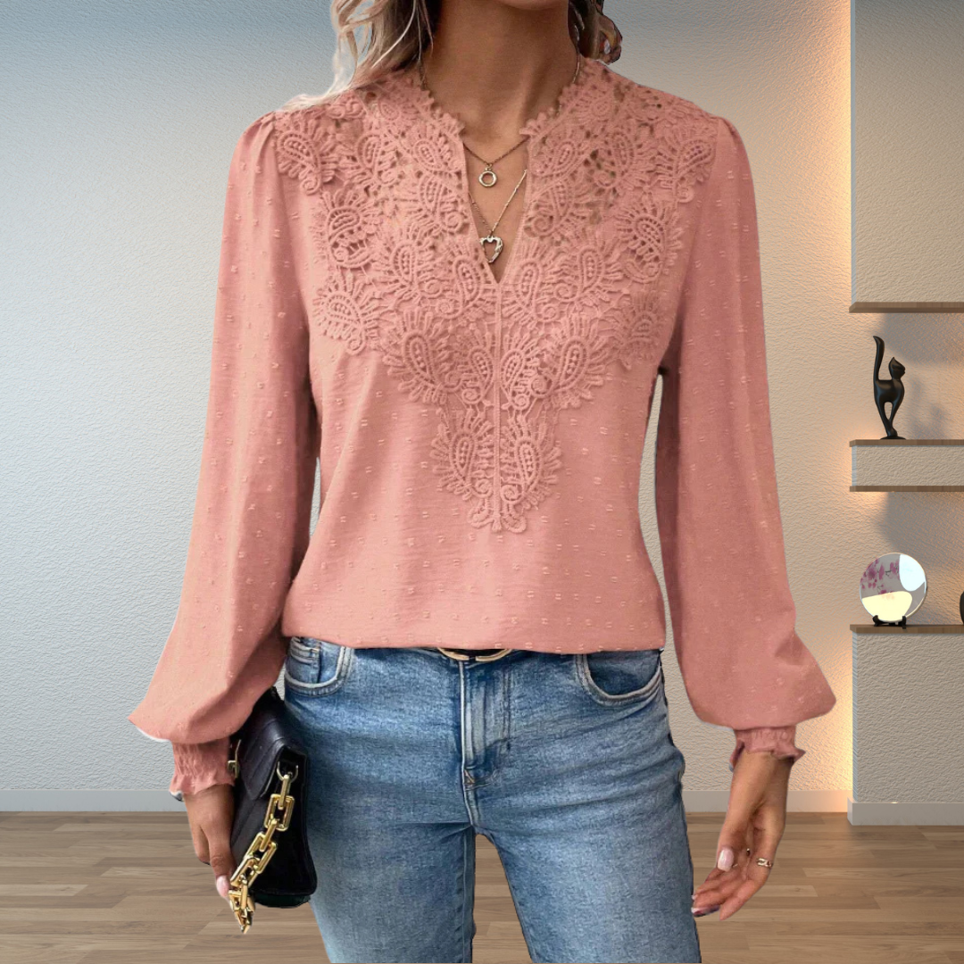 Women's Blouse with V-Neck, Long Sleeves, and Floral Detail