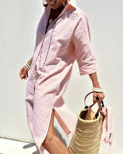 Women's Striped Midi Shirt Dress with Button Closure