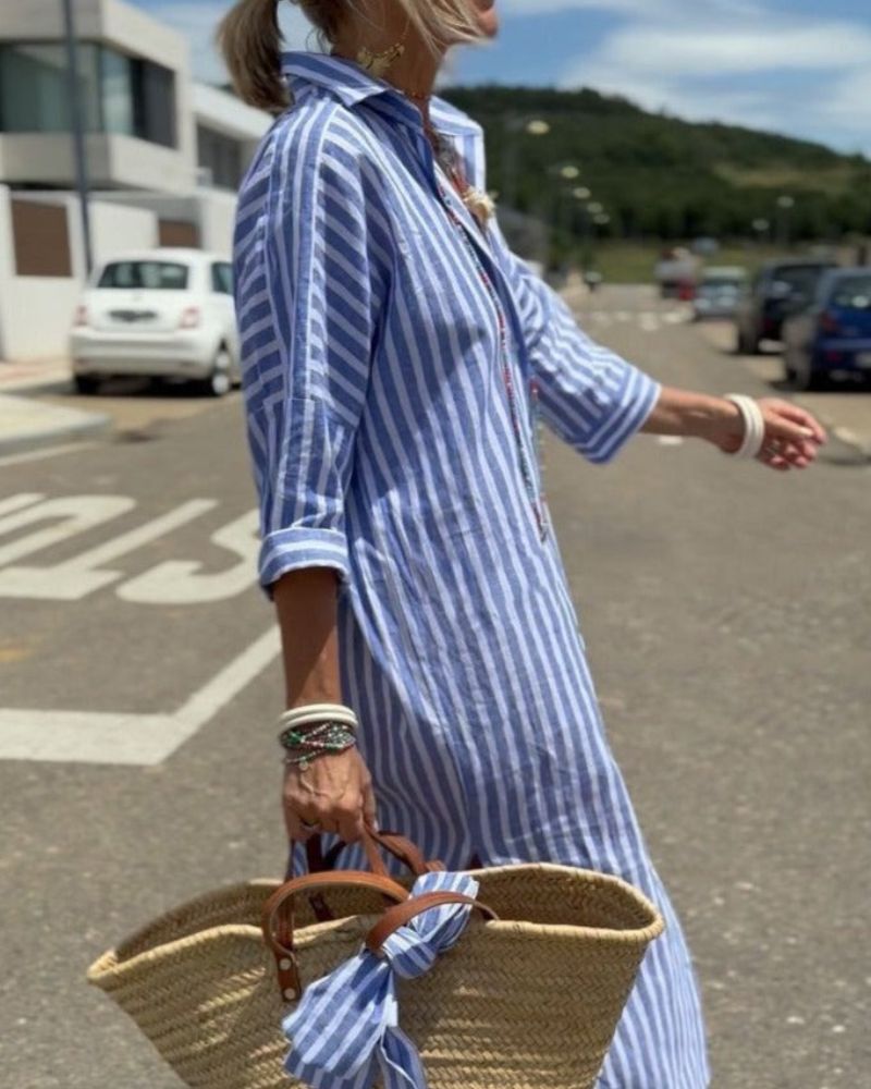 Women's Striped Midi Shirt Dress with Button Closure