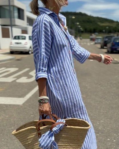 Women's Striped Midi Shirt Dress with Button Closure
