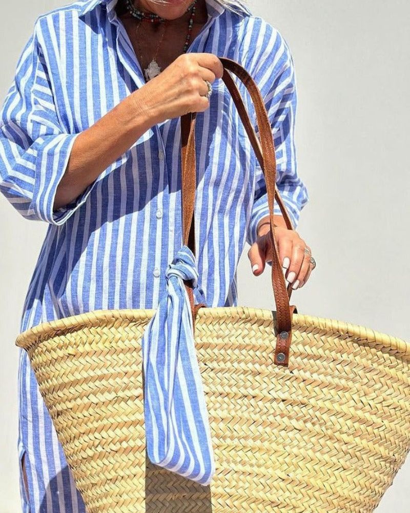 Women's Striped Midi Shirt Dress with Button Closure