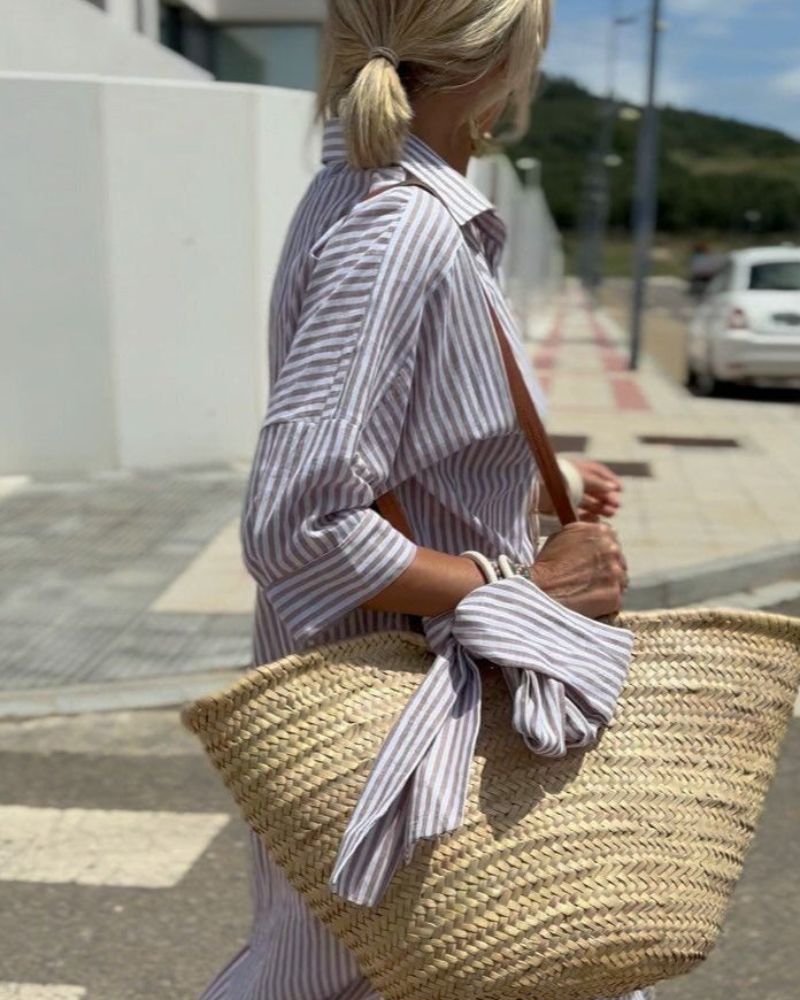 Women's Striped Midi Shirt Dress with Button Closure