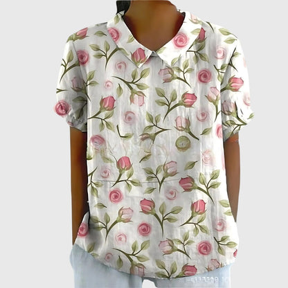 Women's Blouse with Floral Collar and Short Sleeves