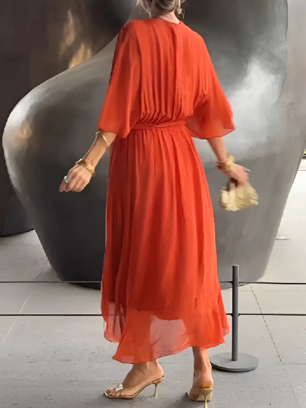 Women's Midi Dress with Bow Belt and Butterfly Sleeves