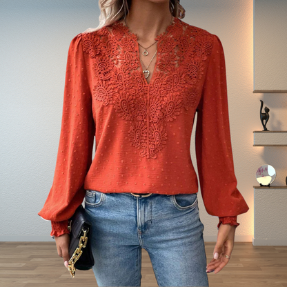 Women's Blouse with V-Neck, Long Sleeves, and Floral Detail