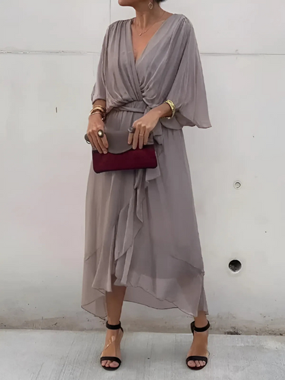 Women's Midi Dress with Bow Belt and Butterfly Sleeves