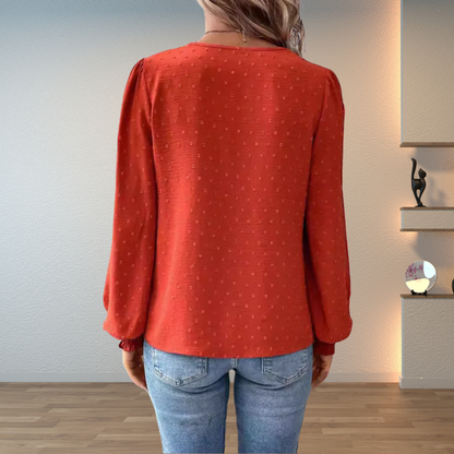 Women's Blouse with V-Neck, Long Sleeves, and Floral Detail