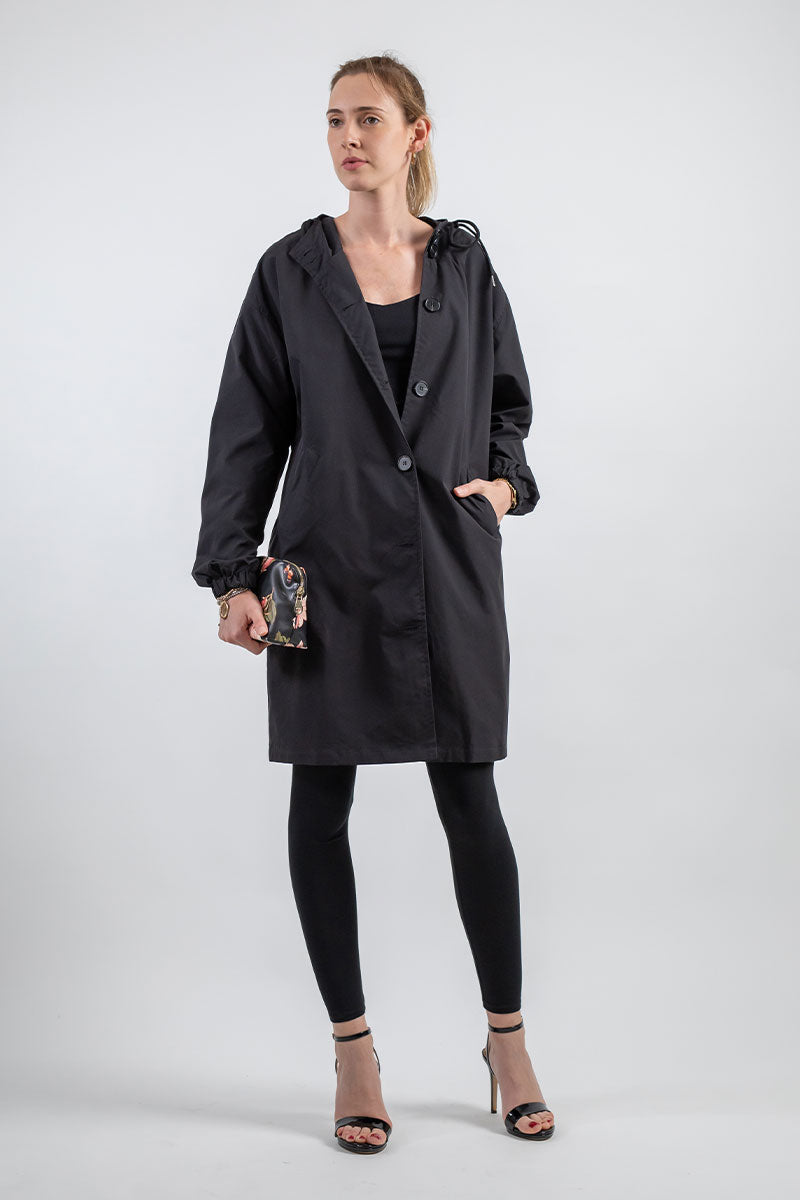 Women's Casual Long Coat with Hood and Buttons