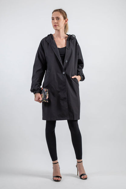 Women's Casual Long Coat with Hood and Buttons