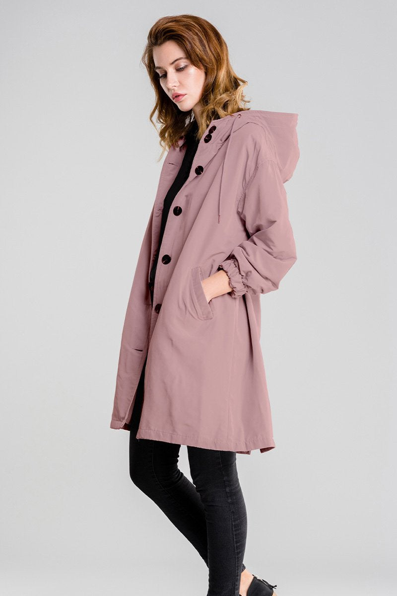 Women's Casual Long Coat with Hood and Buttons