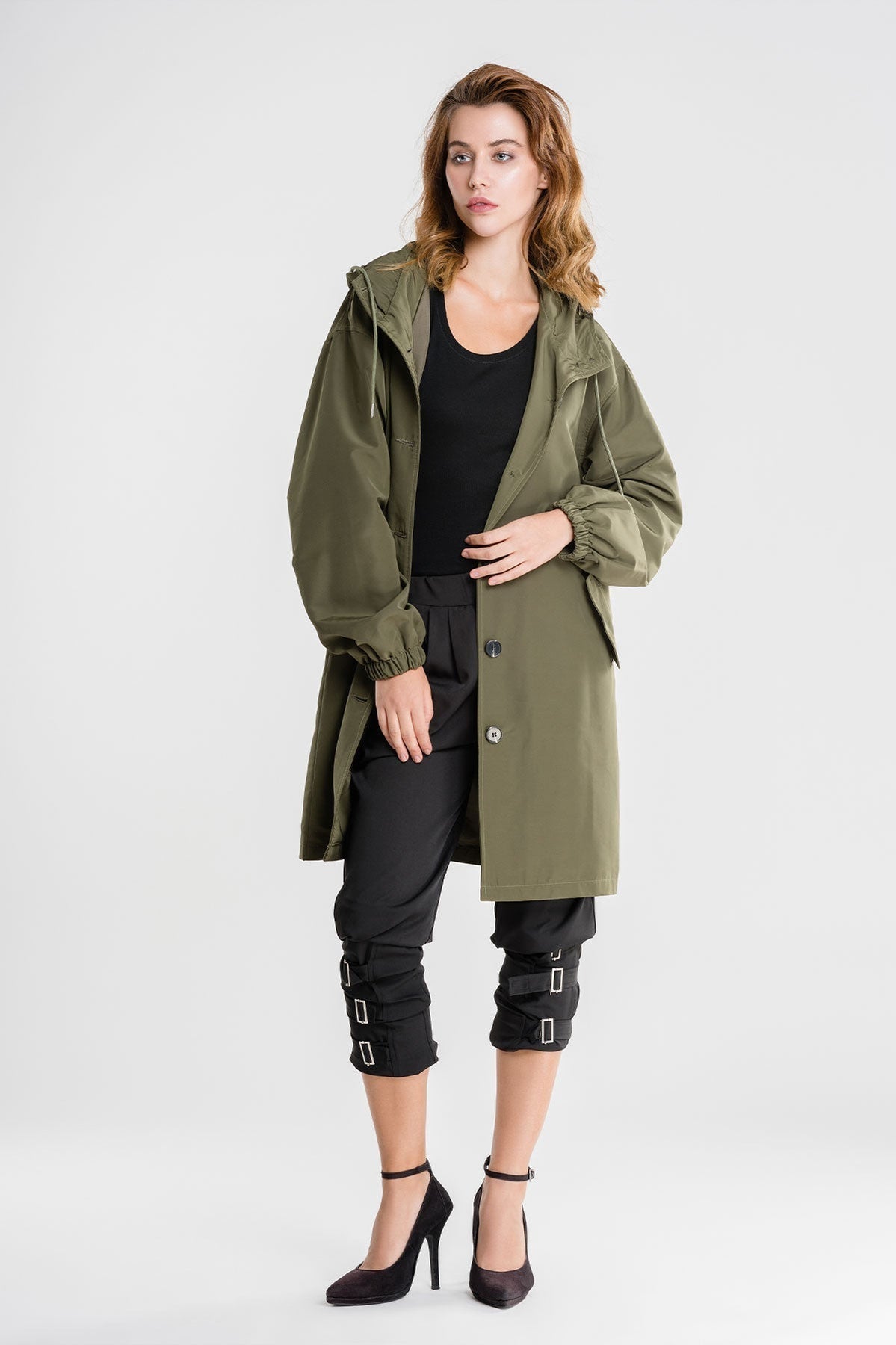Women's Casual Long Coat with Hood and Buttons