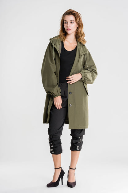 Women's Casual Long Coat with Hood and Buttons