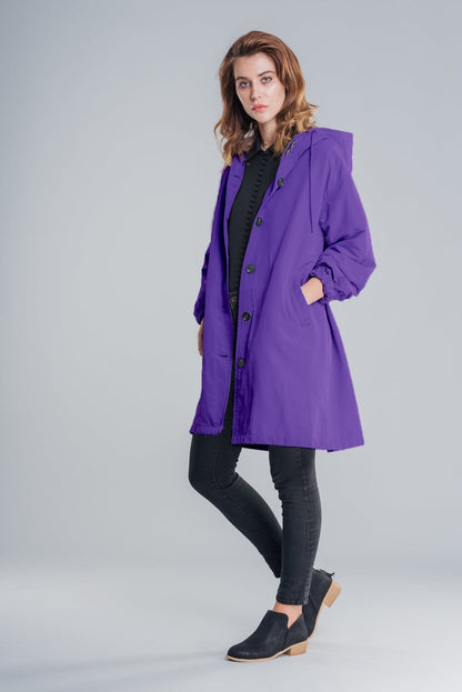 Women's Casual Long Coat with Hood and Buttons