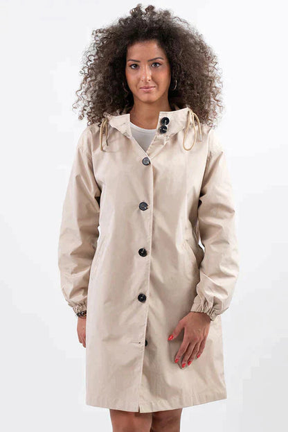 Women's Casual Long Coat with Hood and Buttons