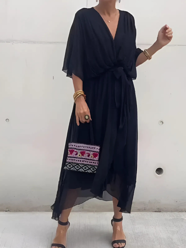 Women's Midi Dress with Bow Belt and Butterfly Sleeves