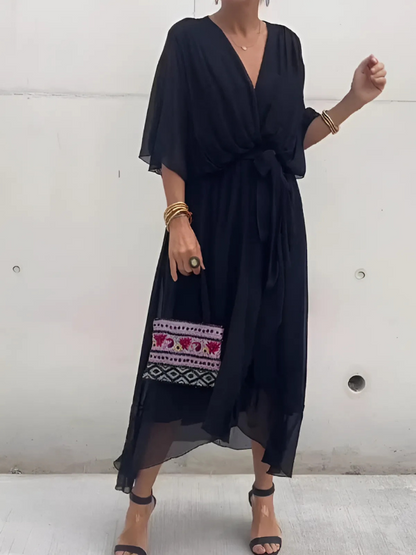 Women's Midi Dress with Bow Belt and Butterfly Sleeves