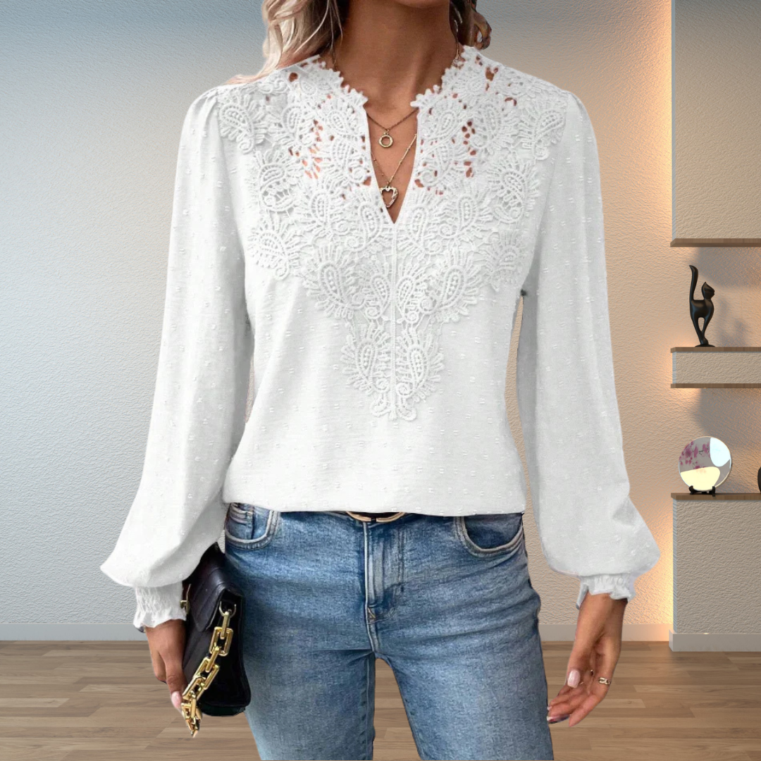 Women's Blouse with V-Neck, Long Sleeves, and Floral Detail