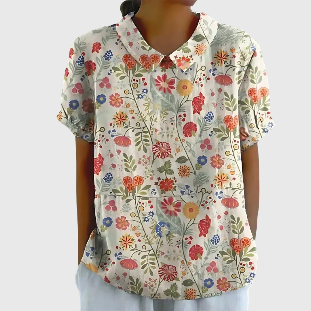 Women's Blouse with Floral Collar and Short Sleeves