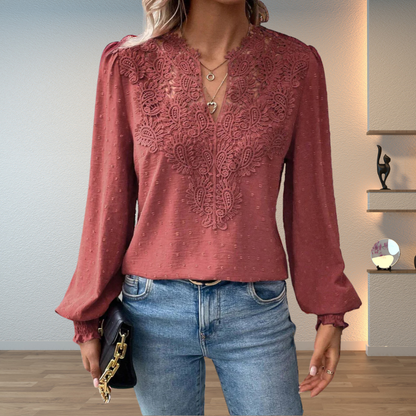 Women's Blouse with V-Neck, Long Sleeves, and Floral Detail