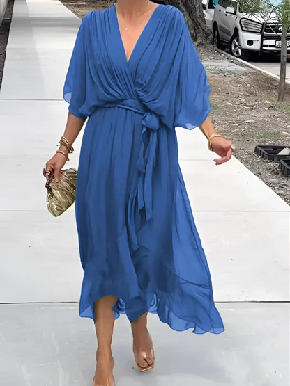 Women's Midi Dress with Bow Belt and Butterfly Sleeves
