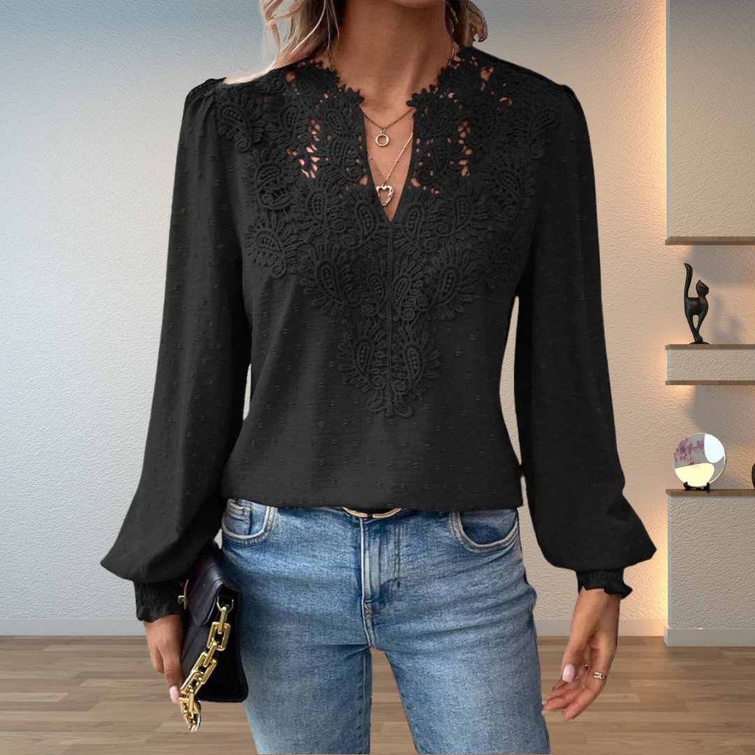 Women's Blouse with V-Neck, Long Sleeves, and Floral Detail