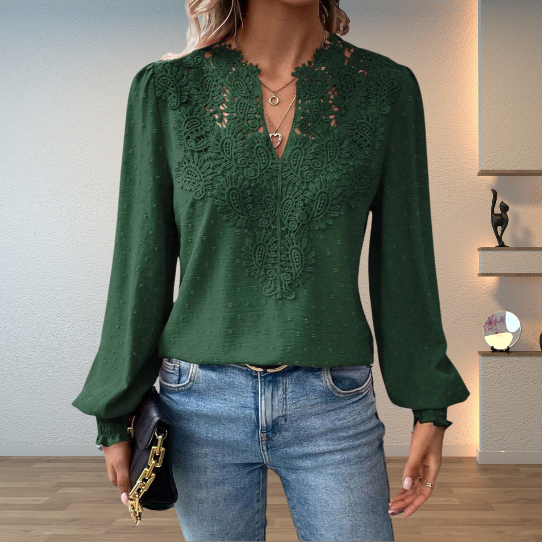 Women's Blouse with V-Neck, Long Sleeves, and Floral Detail