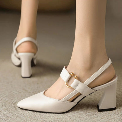 Women's Slingback Mary Jane Heels with Block Heel and Pointed Toe