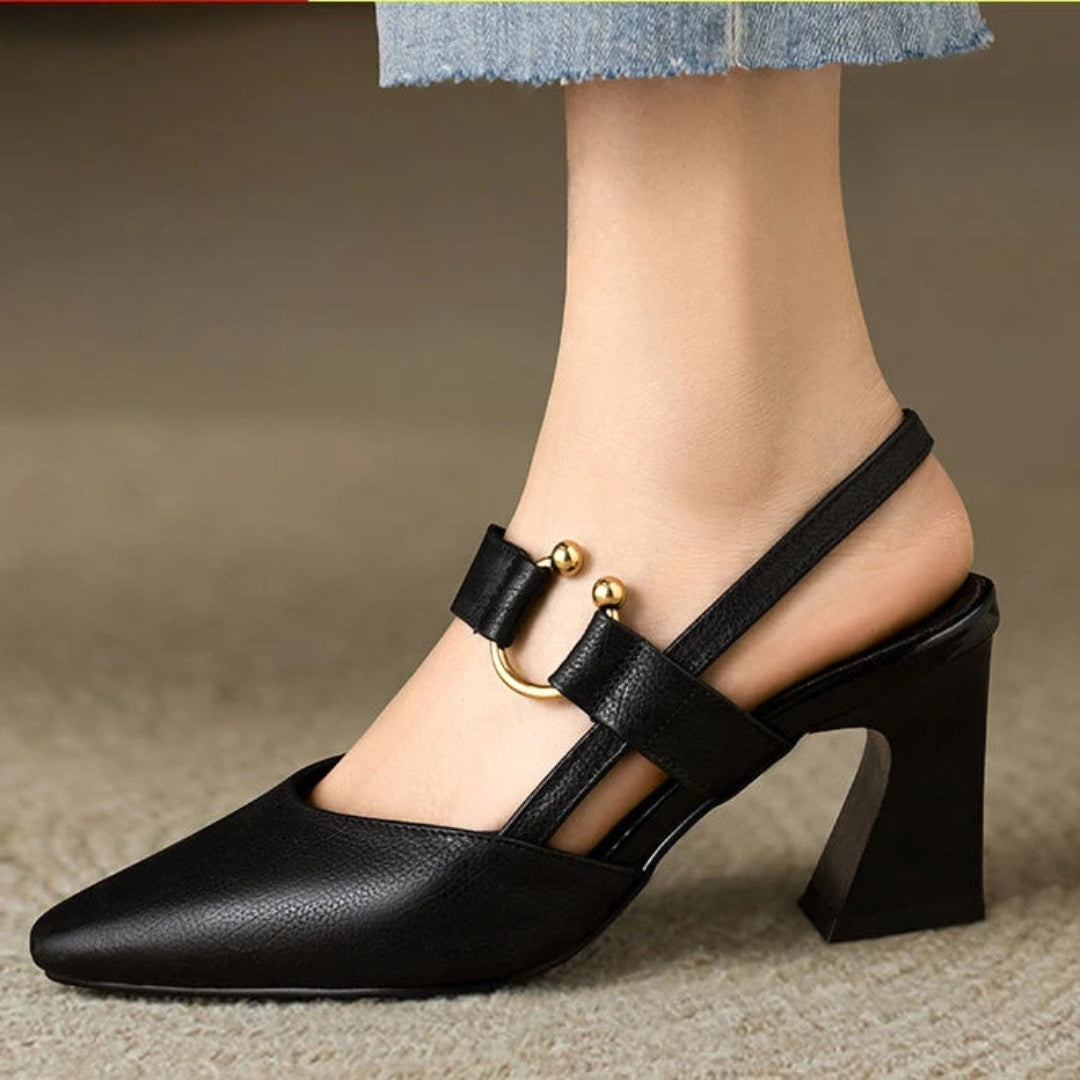 Women's Slingback Mary Jane Heels with Block Heel and Pointed Toe