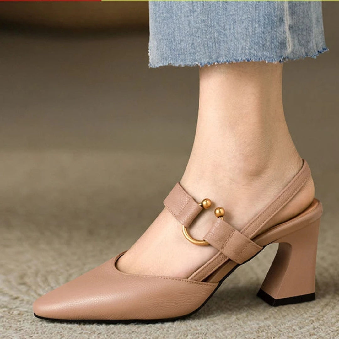 Women's Slingback Mary Jane Heels with Block Heel and Pointed Toe