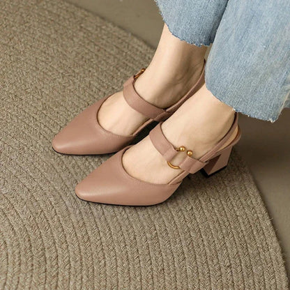 Women's Slingback Mary Jane Heels with Block Heel and Pointed Toe
