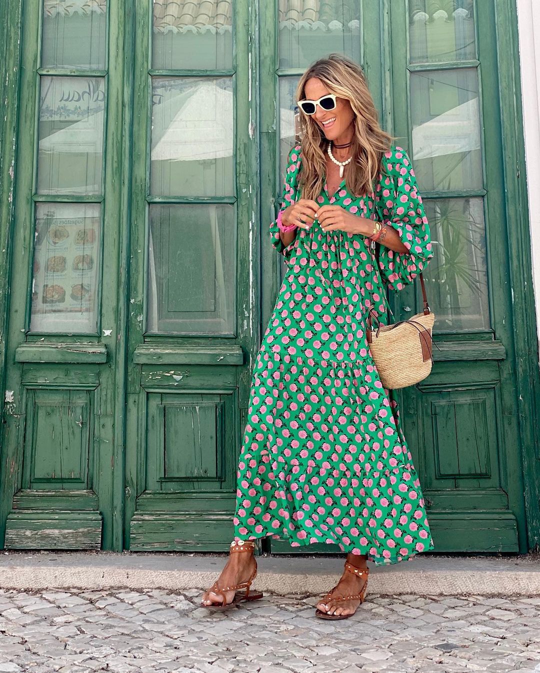 Women's Printed Maxi Dress with V-Neck and Flowy Fit